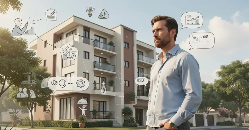 Síndico em postura reflexiva diante de um prédio residencial, com elementos simbólicos de liderança e equilíbrio