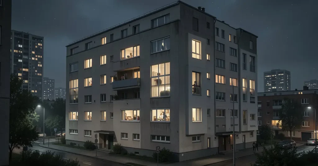 Ilustração realista sobre vida condominial, mostrando um prédio residencial com luzes acesas em algumas janelas sugerindo histórias privadas, atmosfera urbana noturna, tom jornalístico, cores sóbrias, narrativa visual discreta, sem pessoas identificáveis, clima de curiosidade e tensão cotidiana.