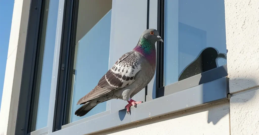 Pombo pousado no para peito de uma janela de um edifício residencial