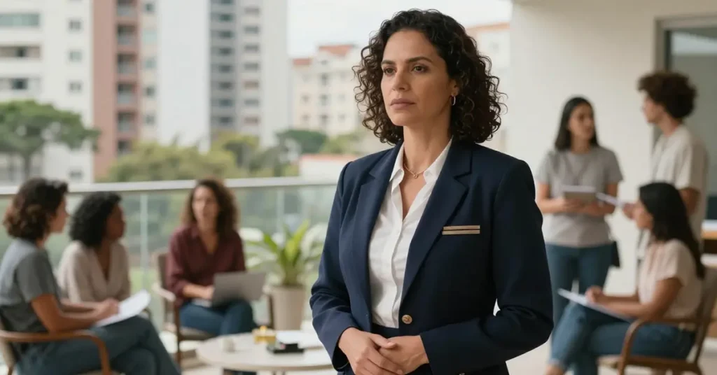 Síndica profissional em uma reunião com os conselheiros do prédio