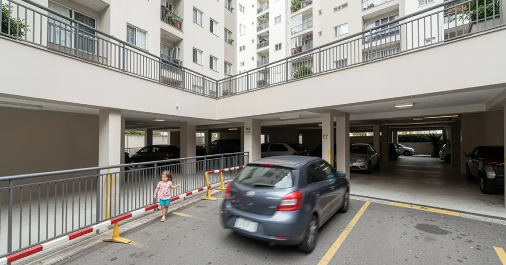 Criança caminhando sozinha perto da garagem do condomínio