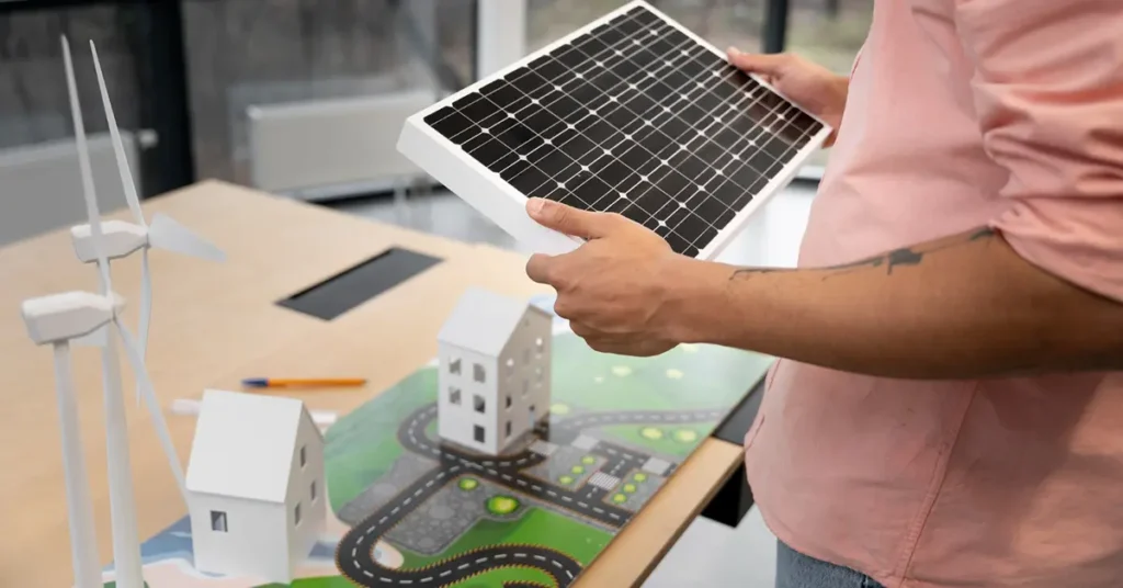 Maquete de edifícios e célular de energia solar