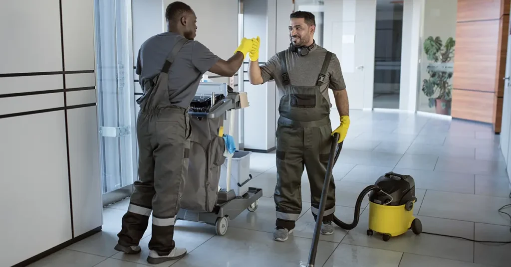 Dois funcionários de um condomínio residencial cumprimentando-se