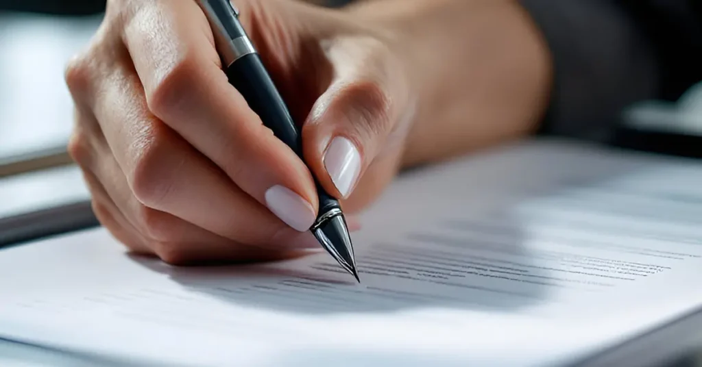 Mulher assinando documento de doação