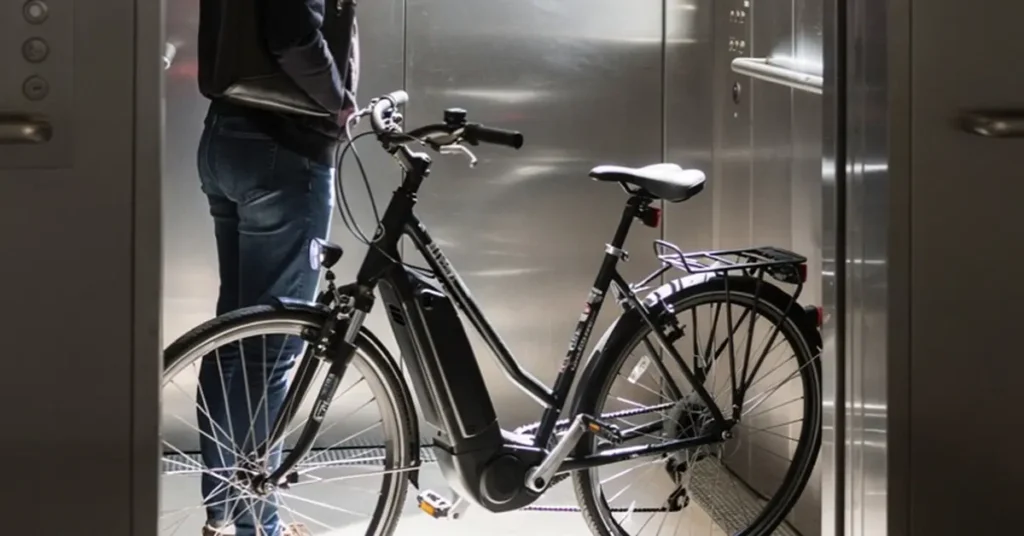 Uma moradora levando sua bike elétrica no elevador do prédio onde mora