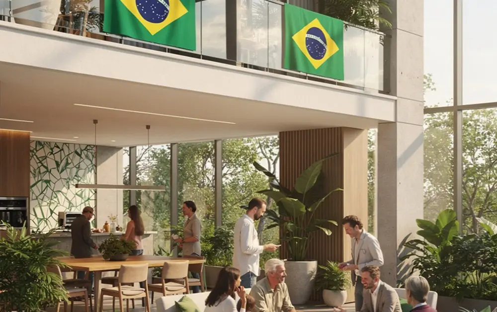 Fachada de condomínio residencial com algumas sacadas exibindo discretamente bandeiras do Brasil durante período esportivo, moradores conversando cordialmente em área comum, ambiente harmonioso e familiar.