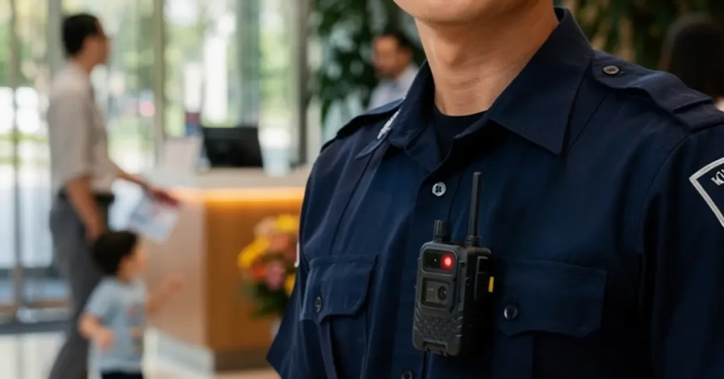 bodycams sendo usada pelo segurança de um prédio residencial