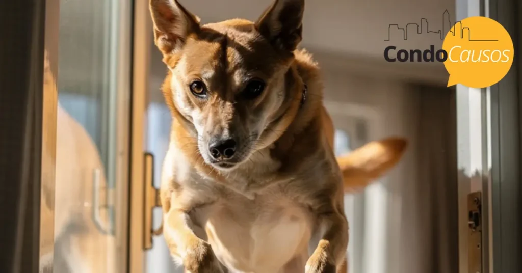 Cachorro pulando pela janela do apartamento