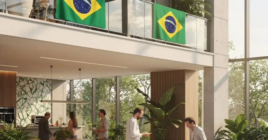 Fachada de condomínio residencial com algumas sacadas exibindo discretamente bandeiras do Brasil durante período esportivo, moradores conversando cordialmente em área comum, ambiente harmonioso e familiar.