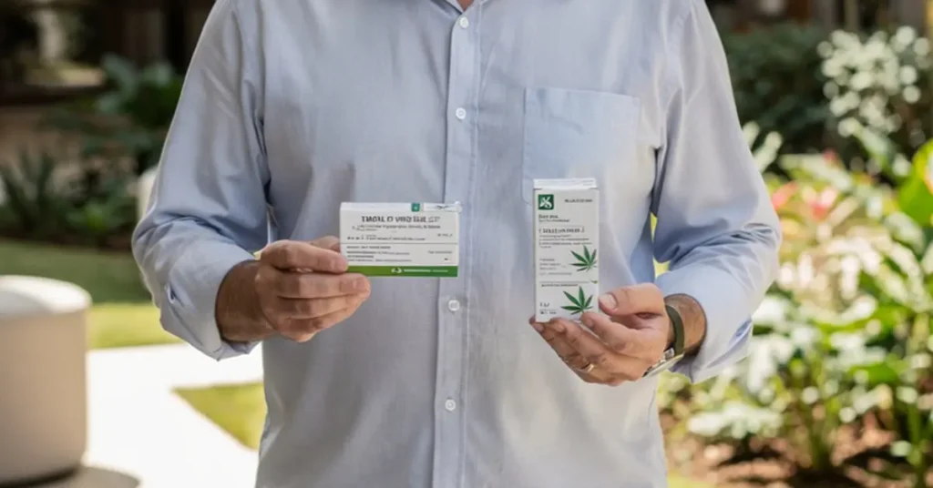 Um morador em uma área comum de um condomínio segurando uma embalagem de medicamento a base de cannabis