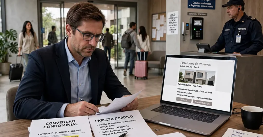 Em primeiro plano, um síndico analisa documentos jurídicos e a convenção condominial sobre uma mesa, ao lado de um notebook exibindo a fachada de um edifício e uma plataforma de reservas de hospedagem. Ao fundo, moradores entram e saem do condomínio com malas de viagem, enquanto o porteiro observa o controle de acesso eletrônico.