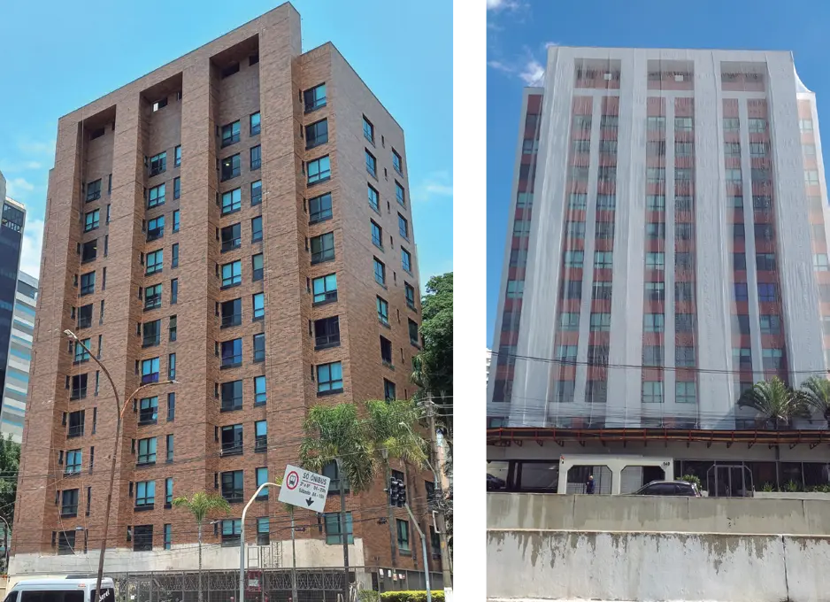 Em retrofit de edifício comercial no Itaim Bibi, monstrando o antes e o depois