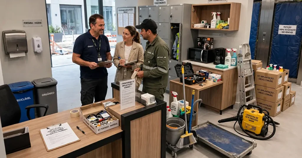 Síndico, conselheira e funcionário conferindo o kit enxoval do condomínio: materiais como carrinho de limpeza, escada de alumínio, ferramentas, lixeiras, dispensadores de sabonete, protetores para elevadores e equipamentos de manutenção.