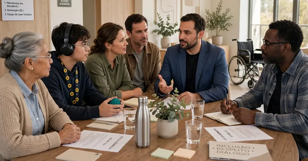 Reunião de condomínio em um ambiente moderno e acolhedor. Participam moradores de diferentes idades, incluindo uma pessoa idosa e uma pessoa autista acompanhada da família, todos interagindo de forma respeitosa com o síndico