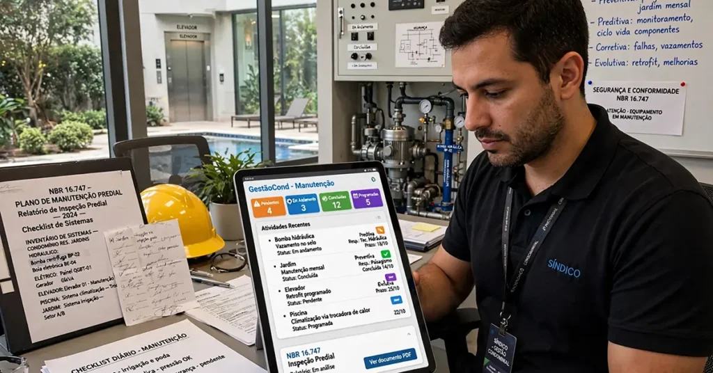 Síndico monstrando tablet com aplicativo de manutenção predial