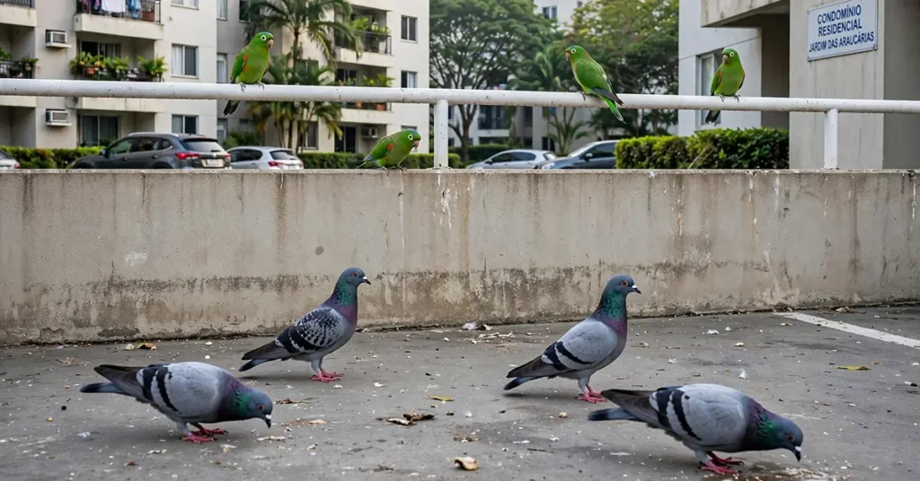 pombos e maritacas em condomínio residencial.