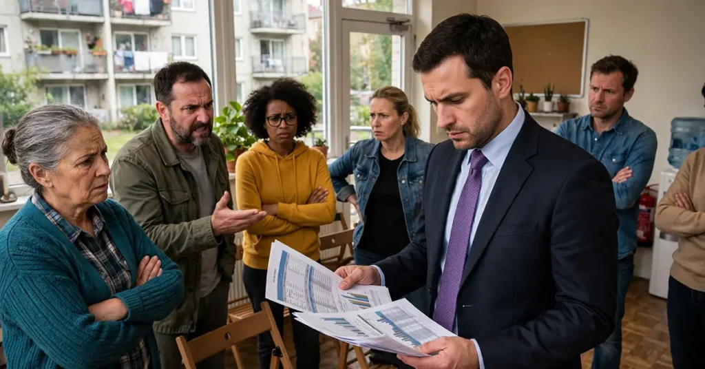 Homem de terno corporativo segurando planilhas com gráficos financeiros em uma assembleia de condomínio tensa. Ao redor, cinco moradores com braços cruzados e expressão de descontentamento e conflito. Ao fundo, janela com vista para prédio residencial e salão simples, mostrando o choque entre a lógica de empresa e a realidade do condomínio.