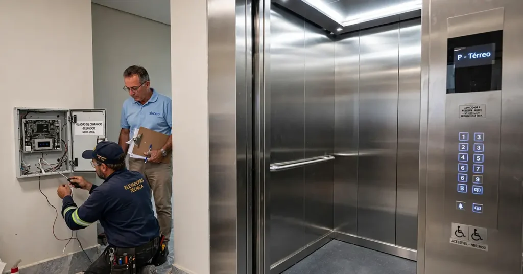 Modernização completa de elevador em condomínio residencial de 40 anos em Santo Amaro: técnico de empresa especializada instala novo quadro de comando eletrônico, enquanto síndico com prancheta acompanha a obra técnica e estética. Ao lado, cabine modernizada com acabamento em aço inox escovado, piso novo, iluminação em LED, botoneira digital e selo de acessibilidade NBR 9050, representando valorização do patrimônio e melhoria da segurança dos moradores.