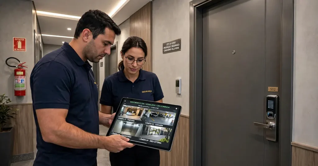 Dois profissionais de segurança de condomínio residencial em corredor interno, vestindo uniformes simples em polo azul-marinho, analisando em um tablet as imagens de monitoramento CFTV 24h das áreas de portaria, garagem, elevadores e área externa, em frente à porta do apartamento 502 com fechadura biométrica eletrônica.