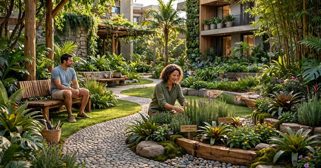Área comum de condomínio com paisagismo biofílico: pergolado de madeira coberto por trepadeiras, caminho de seixos com pedras arredondadas, gramado, bancos de madeira e jardim sensorial com alecrim e lavanda, onde dois moradores interagem com a natureza, proporcionando bem-estar e conforto térmico.