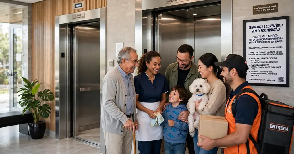 Hall térreo de condomínio residencial moderno com dois elevadores de acesso compartilhado. Grupo diverso de pessoas aguarda o elevador social de forma respeitosa e inclusiva: idoso com bengala, trabalhadora doméstica, família com criança, casal com cachorro de pequeno porte no colo representando família multiespécie, e entregador com caixa, ilustrando o fim da distinção discriminatória entre elevador social e de serviço conforme Projeto de Lei 4.710/2024 e a convivência sem discriminação.