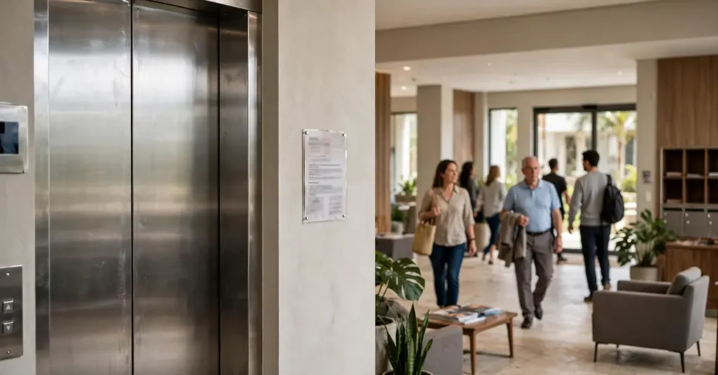 Elevador em primeiro plano, aviso institucional discreto com texto ilegível ao lado, e o hall com moradores ao fundo transmitindo convivência e responsabilidade social