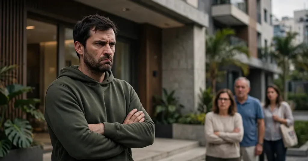Condomínio residencial de alto padrão. Em primeiro plano, um homem de barba por fazer, vestindo moletom verde-oliva, está isolado em frente à portaria com braços cruzados e expressão facial hostil e fechada. Ao fundo, desfocados, três moradores observam a cena à distância com expressões de preocupação e desconforto. A composição transmite tensão, isolamento e conflito de convivência, ilustrando o limite entre o direito individual de propriedade e o direito coletivo ao sossego e à segurança.