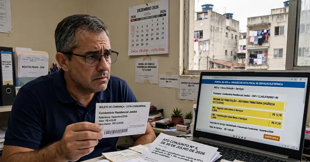 Síndico de um condomínio comum, com o boleto da cota na mão, diante da tela de emissão da NFS-e já com os campos de IBS/CBS destacados, e o Ato Conjunto nº 4 na mesa