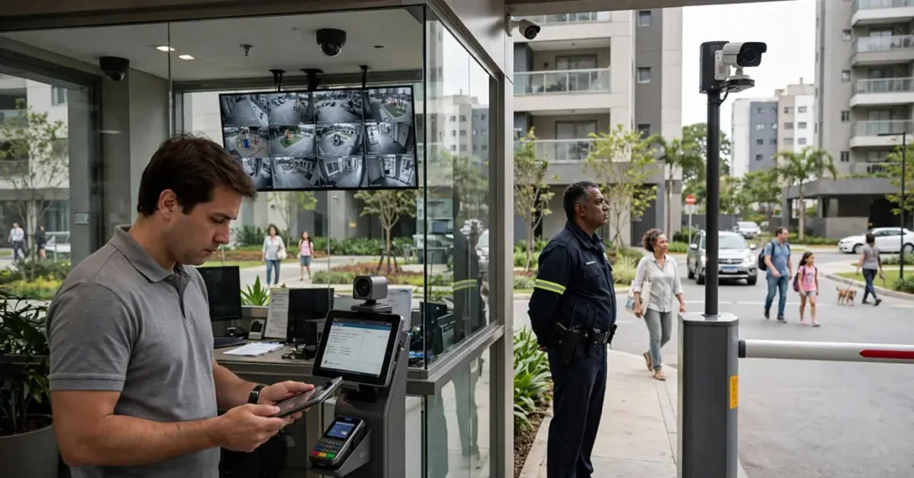 Condomínio residencial contemporâneo, com uma portaria moderna e organizada como elemento principal. Em primeiro plano, um profissional de controle de acesso/portaria, usando uniforme, realiza o procedimento de identificação de um visitante diante de um sistema eletrônico de controle de acesso.