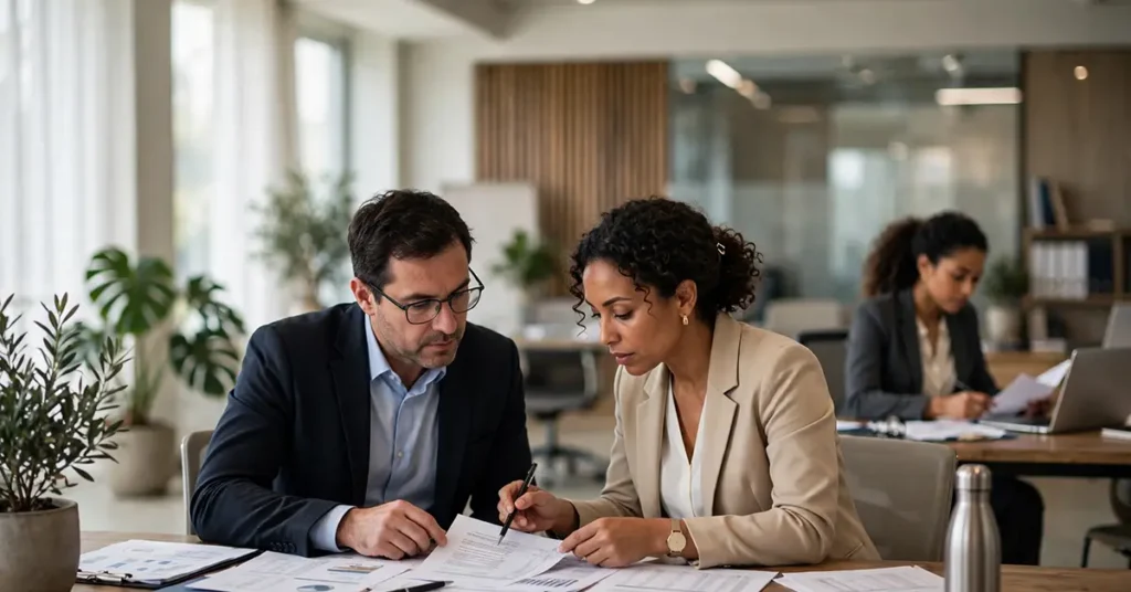 Ambiente corporativo contemporâneo, mostrando uma reunião profissional sobre gestão condominial. Em primeiro plano, um advogado e uma síndica analisam documentos sobre uma mesa, em uma conversa séria e colaborativa. Ao fundo, de forma discreta e levemente desfocada, aparece uma administradora de condomínios, sem interação direta com o advogado.