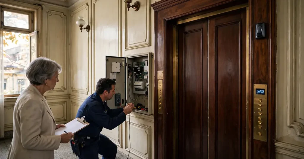 Hall de prédio antigo em São Paulo com elevador de madeira vintage em modernização. Um técnico inspeciona o quadro de comando aberto enquanto uma síndica acompanha com prancheta ao lado.