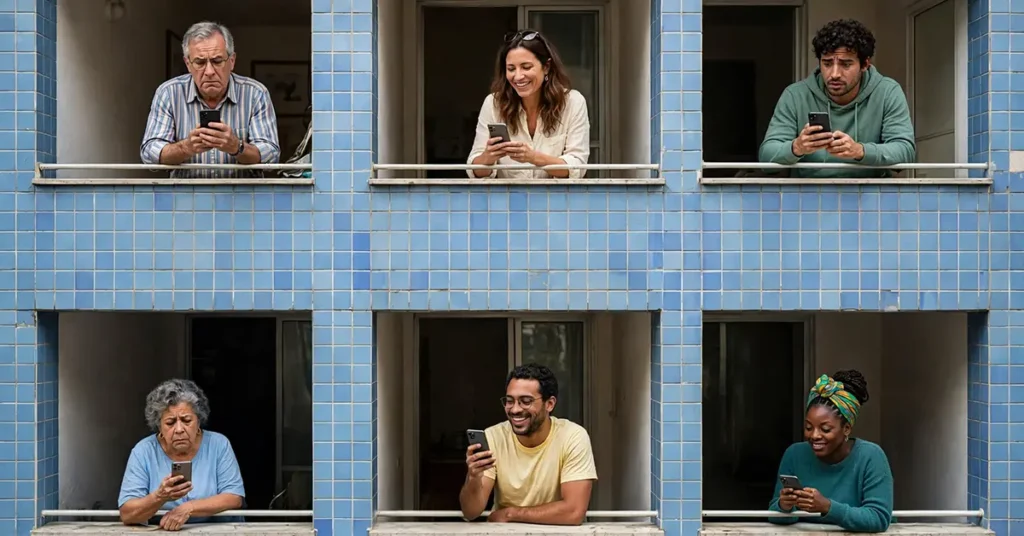 Seis moradores diversos em varandas de prédio com azulejos azuis, cada um olhando para o celular com expressões que variam entre sorriso e leve preocupação, representando a dinâmica bem-humorada de um grupo de WhatsApp de condomínio.