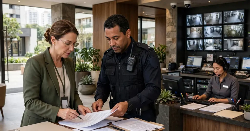 Síndica analisa documentos contratuais ao lado de profissional de segurança uniformizado na portaria de um condomínio residencial moderno, ao fundo uma colaboradora trabalha na central de monitoramento com múltiplas telas de câmeras de segurança.