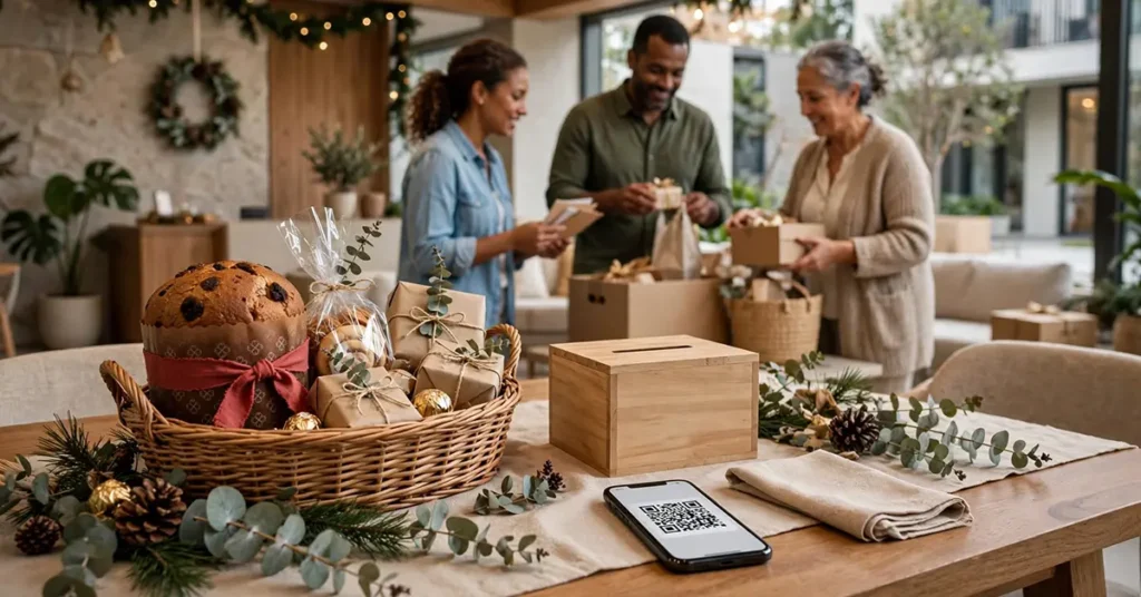 Mesa com cesta de Natal, caixa de contribuição e celular com QR Code em área comum de condomínio decorada para o Natal, com moradores organizando doações ao fundo.