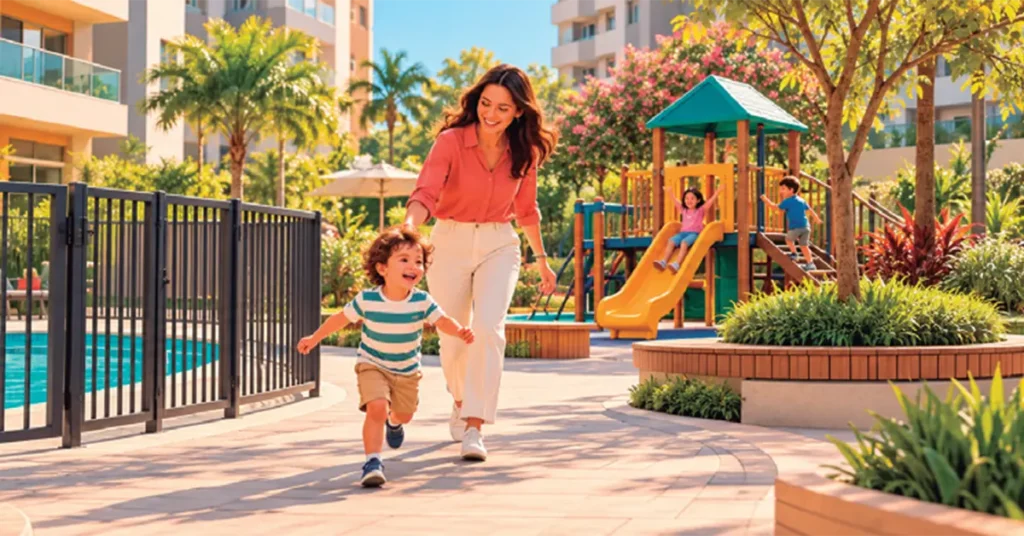 Criança acompanhada com a mãe brincando no playground de um condomínio residencial.