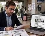 Em primeiro plano, um síndico analisa documentos jurídicos e a convenção condominial sobre uma mesa, ao lado de um notebook exibindo a fachada de um edifício e uma plataforma de reservas de hospedagem. Ao fundo, moradores entram e saem do condomínio com malas de viagem, enquanto o porteiro observa o controle de acesso eletrônico.