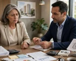 Mulher madura analisando documentos de condomínio com um gestor profissional em mesa com calculadoras, plantas e relatórios, em ambiente corporativo iluminado.