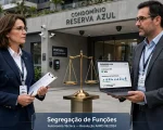 Dois profissionais em frente a condomínio moderno representam a segregação de funções entre síndico gestor e DPO auditor, com balança da justiça ao centro e notebook com dashboard LGPD, ilustrando conflito de interesses e autonomia técnica exigida pela Resolução ANPD 18/2024