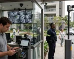Condomínio residencial contemporâneo, com uma portaria moderna e organizada como elemento principal. Em primeiro plano, um profissional de controle de acesso/portaria, usando uniforme, realiza o procedimento de identificação de um visitante diante de um sistema eletrônico de controle de acesso.