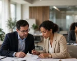 Ambiente corporativo contemporâneo, mostrando uma reunião profissional sobre gestão condominial. Em primeiro plano, um advogado e uma síndica analisam documentos sobre uma mesa, em uma conversa séria e colaborativa. Ao fundo, de forma discreta e levemente desfocada, aparece uma administradora de condomínios, sem interação direta com o advogado.