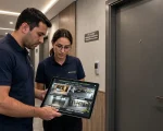 Dois profissionais de segurança de condomínio residencial em corredor interno, vestindo uniformes simples em polo azul-marinho, analisando em um tablet as imagens de monitoramento CFTV 24h das áreas de portaria, garagem, elevadores e área externa, em frente à porta do apartamento 502 com fechadura biométrica eletrônica.