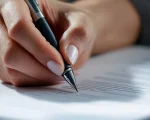 Mulher assinando documento de doação