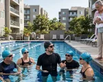 Piscina de um condomínio residencial. No centro, um instrutor de natação com touca preta dá aula para cinco alunos adultos de toucas azuis, ocupando toda a raia. Na borda direita, uma senhora idosa segurando uma toalha e uma criança com boia de pato amarela e braçadeiras observam a aula com expressão de constrangimento, sem espaço para entrar na água. Ao fundo, prédios do condomínio.