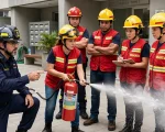 Instrutor do Corpo de Bombeiros orienta brigadista que opera extintor de incêndio durante treinamento de brigada de incêndio simulado na área comum de um condomínio residencial. Ao lado, outros quatro brigadistas com coletes vermelhos e capacetes amarelos observam atentamente, próximo a um hidrante na parede.