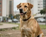 Cachorro comunitário de cor caramelo diante a prédios