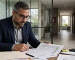 Síndico analisa documentos e registros de ocorrências em mesa de sala administrativa de condomínio, com corredor residencial ao fundo.