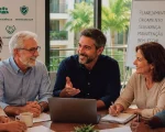 Reunião de gestão condominial em sala moderna, com síndico profissional e três conselheiros analisando documentos financeiros sobre a mesa.