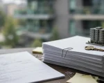 Em primeiro plano, uma ficha cadastral incompleta, com campos de nome, telefone, e-mail e endereço, ao lado de documentos judiciais, uma chave e a representação de um apartamento à venda. Ao fundo, o edifício condominial.