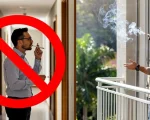 A esquerda um morador fumando no corredor do prédio, a direita um morador fumando na varanda do apartamento