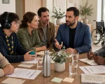 Reunião de condomínio em um ambiente moderno e acolhedor. Participam moradores de diferentes idades, incluindo uma pessoa idosa e uma pessoa autista acompanhada da família, todos interagindo de forma respeitosa com o síndico
